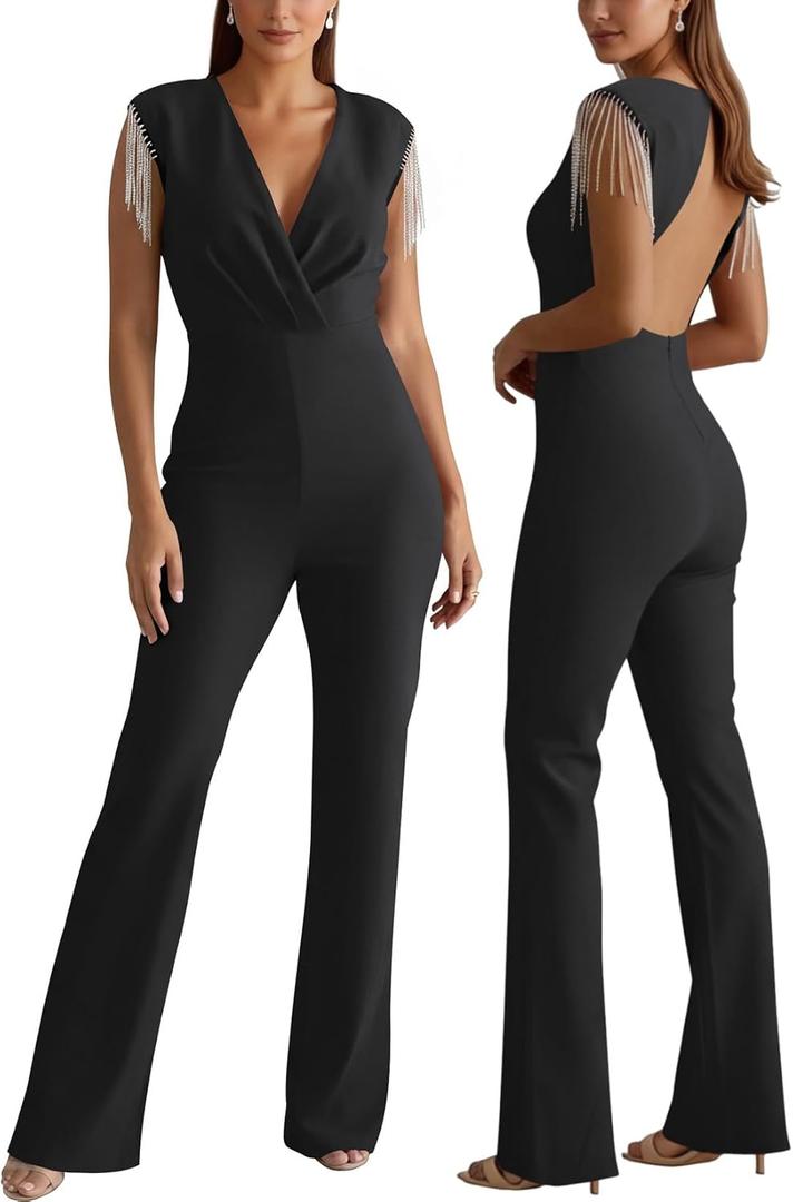 liher Women Summer Backless Rhinestone Fringe Jumpsuits Dressy One Piece Outfits V Neck Wide Leg Pants Formal Party Rompers (Medium, Black)