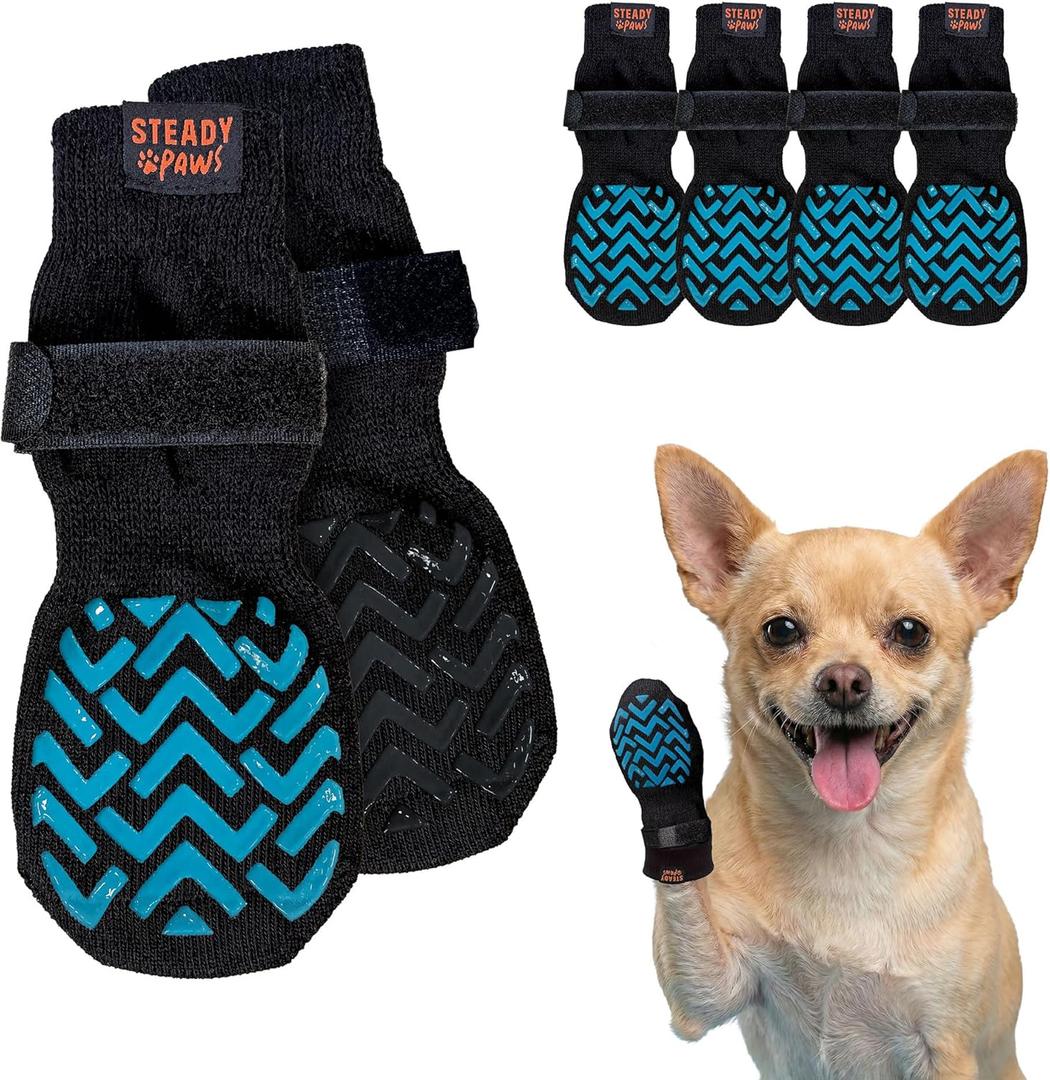 Steady Paws Anti-Slip Socks for Dogs - Breathable & Washable Non Slip Grippy Socks, Rubberized Paw & Adjustable Strap, Secure Fit to Prevent Slipping, Paw Protection for Senior Dogs, 4 Pack (Size XS)
