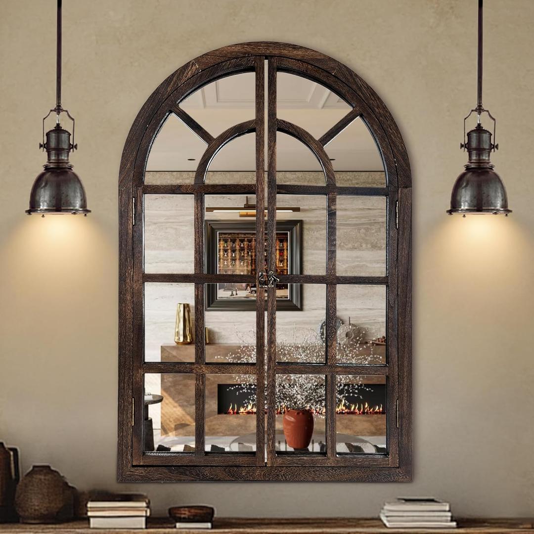 AMOISE Arched Wall Mirror with Wood Window Pane Frame, 26 x 38 Inch, Brown