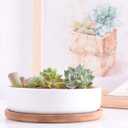 Lawei 3 Pack 6 inch Round Succulent Cactus Planter Pots with Drainage Bamboo Tray - Garden Ceramic Flower Planter Pot