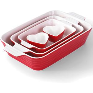 RUYOLIKS Baking Dish for Oven Ceramic Lasagna Pan 912.8 Inch Casserole Dishes Bakeware Set With Ramekin Large Deep Baking Dishes Rectangular Non-Stick Baking Pans for Kitchen Baking and Roasting Red