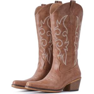 IUV Cowboy Boots For Women Western Cowgirl Boots Mid Calf Snip Toe Boot With Chunky Heel (7, Brown)