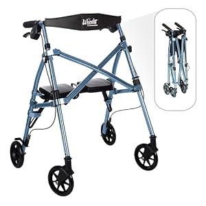 Stander Space Saver Rollator Short, Lightweight Folding Walker With Seat for Juniors & Petite Adults, 4-Wheel Mobility Aid with 6-inch Wheels, Locking Brakes, Padded Seat & Backrest, Cobalt Blue