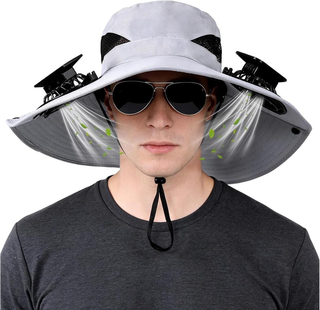 Solar Fan Hat,Solar Powered Fan Hat for Men Women,Wide Brim Sun Hat with 2 Solars Fan,2-in-1 Hands-Free Hats Fans