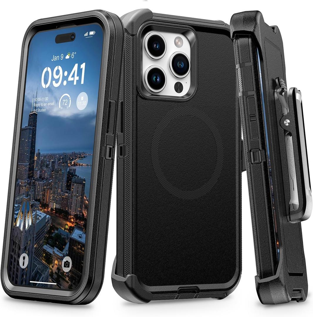 for iPhone 13 Pro & 14 Pro Case with Belt Clip Holster, Anti-Shock, Anti-Slip, Compatible with MagSafe, 3-Layer Drop Protection, Heavy Duty Magnetic Phone Case Cover 14 Pro, 6.1", Black