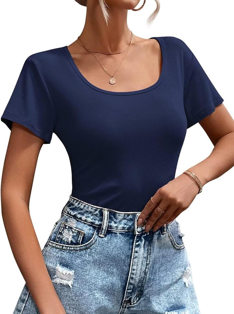 Womens T Shirt Short Sleeve Tshirt Ribbed Basic Tops Tee (Blue, L)