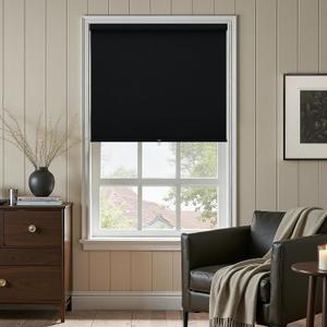 100% Blackout Roller Shades Cordless Blinds for Windows, Free-Stop Blind with Linen Valance Thermal Insulated UV Protection Privacy Pull Up Window Shades for Bedroom Living Room Black 35" W x 72" H