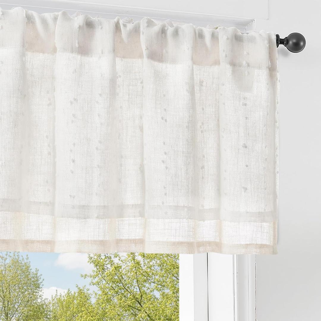 jinchan Kitchen Valance Curtain for Windows 16 Inch Mini Pom-Pom Double Layer Valance Linen Blend Country Window Treatment for Bedroom Living Room Light Filtering Rod Pocket 1 Panel Linen Whisper
