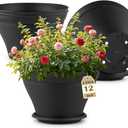 4 Pack 12 Inch Plant Pots with Saucers, Plastic Flower Pots with Drainage Holes, Large Planters for Indoor Outdoor Garden, House Plants, Flowers, Herbs, Gardening Gifts, Black