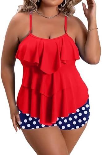 B2prity Women Plus Size Tankini Swimsuits Tummy Control Two Piece Bathing Suit Ruffled Flounce Swimwear with Shorts XL