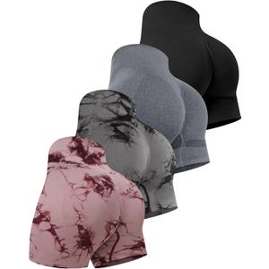 CHRLEISURE Women's 4 Packs Workout Gym Shorts, High Waisted Butt Lifting Scrunch Butt Seamless Booty Shorts (Large, 4 Packs (Black, Dark Gray, Tie Dye Black ,Tie Dye Burgundy ))