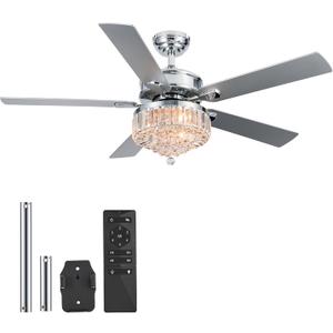 VONLUCE Ceiling Fans with Lights, 52" Crystal Ceiling Fan and Remote, 5 Blades, 6-Speeds Noiseless Reversible DC Motor, Chandelier Ceiling Fan for Farmhouse Bedroom Indoor, Nickel