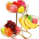 Livabber Fruit Basket Bowl with Banana Hanger, Fruit Vegetable Storage Basket with Banana Tree Holder for Kitchen Counter, Detachable Organizer for Bread Snack Produce (Gold, 3-Tier Metal Base)