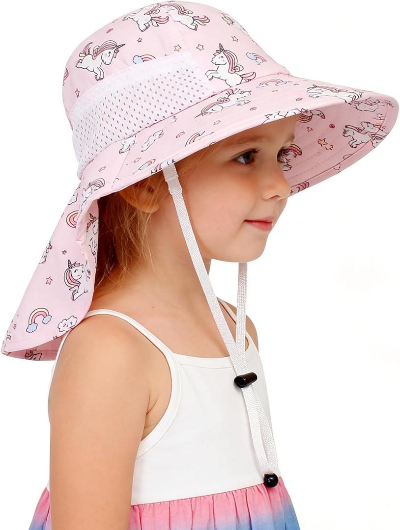 CHUNG Baby Sun Hat Neck Flap Beach Caps for Boys Girls Toddler Adjustable UPF 50+ Wide Brim UV Protection 1-12 Years Kids (3-24 Months, Pink Unicorn)