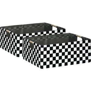 Checkered Storage Basket Foldable Nursey Box | 16.9" Storage Cube for Women Closet Organizer Boys Car Toys Bins with Handles | Sturdy Cardboard & Washable Fabric 2Pack (Racing Flag)