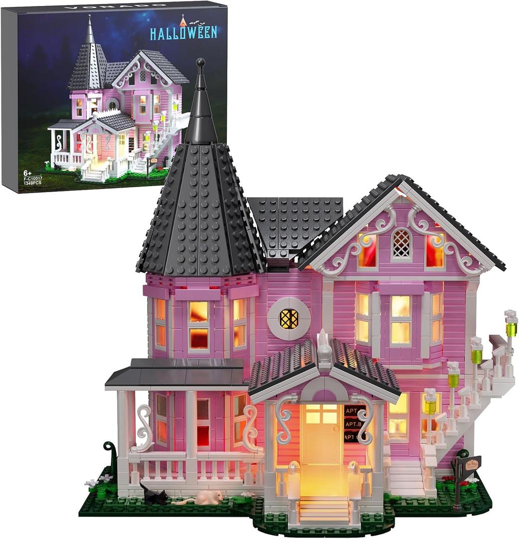 Pink Palace House Building Set with Lights, Halloween Haunted House Blocks Toy, Halloween House Kit for Kids Adults, Compatible with Lego, Christmas for Girls and Boys, Aged 8+ (1349PCS)