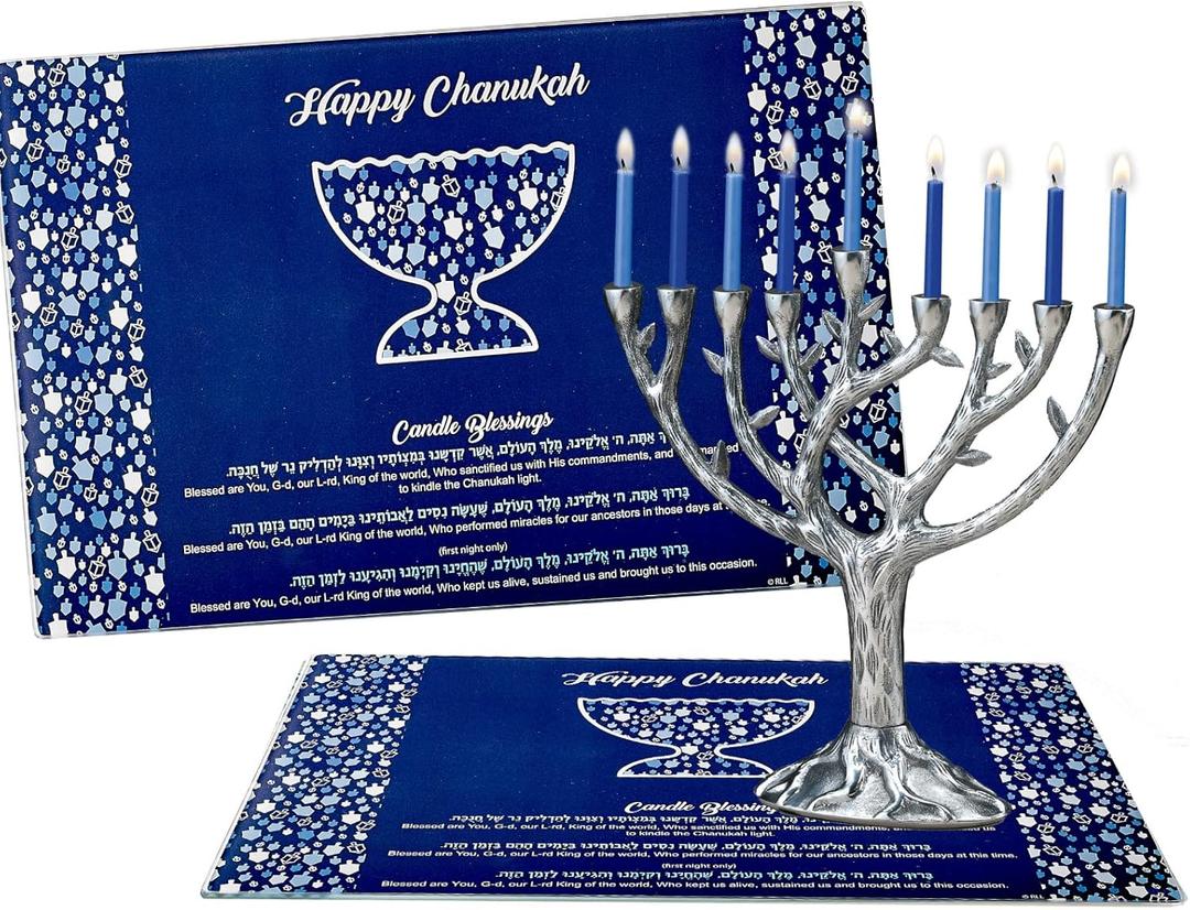 Rite Lite Hanukkah Tempered Glass Drip Tray Tree of Life Design for Menorah - Chanukah Tray Centerpiece Jewish Holiday Party Favor Decorations Gifts Judaica Decor Festival of Lights (Dark Blue Blessing)
