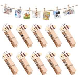 NUOBESTY 10Pcs Bee Mini Wooden Clothespins with Twine String Cute Cartoon Photo Clips for Hanging Pictures Craft Wood Pegs for Party Favors Home Decoration Baby Shower and Classroom Use