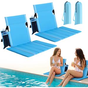 2 Pack Portable Poolside Chairs, Foldable Legless Beach Chairs for Adults with Cup Pocket, Lightweight Ground Seat Small Beach Chair for Edge of Pool, Quick-Dry Back Support for Travel (Blue)