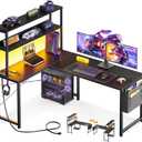 ODK 53 Inch L Shaped Desk with LED Lighting, Reversible Gaming Desk with Power Outlets, Cornor Computer Table with Storage Shelves & Bag & Iron Hook, Home Office Table for Writing, Study, Black