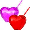 2 Pcs Heart Shape Cup with Lid & Straw Reusable Disco Plastic Cup Gift 20 oz Pink Red Heart Drinking Cocktail Tumbler for Birthday Wedding Bachelorette Bridal Shower Party Favors Supplies