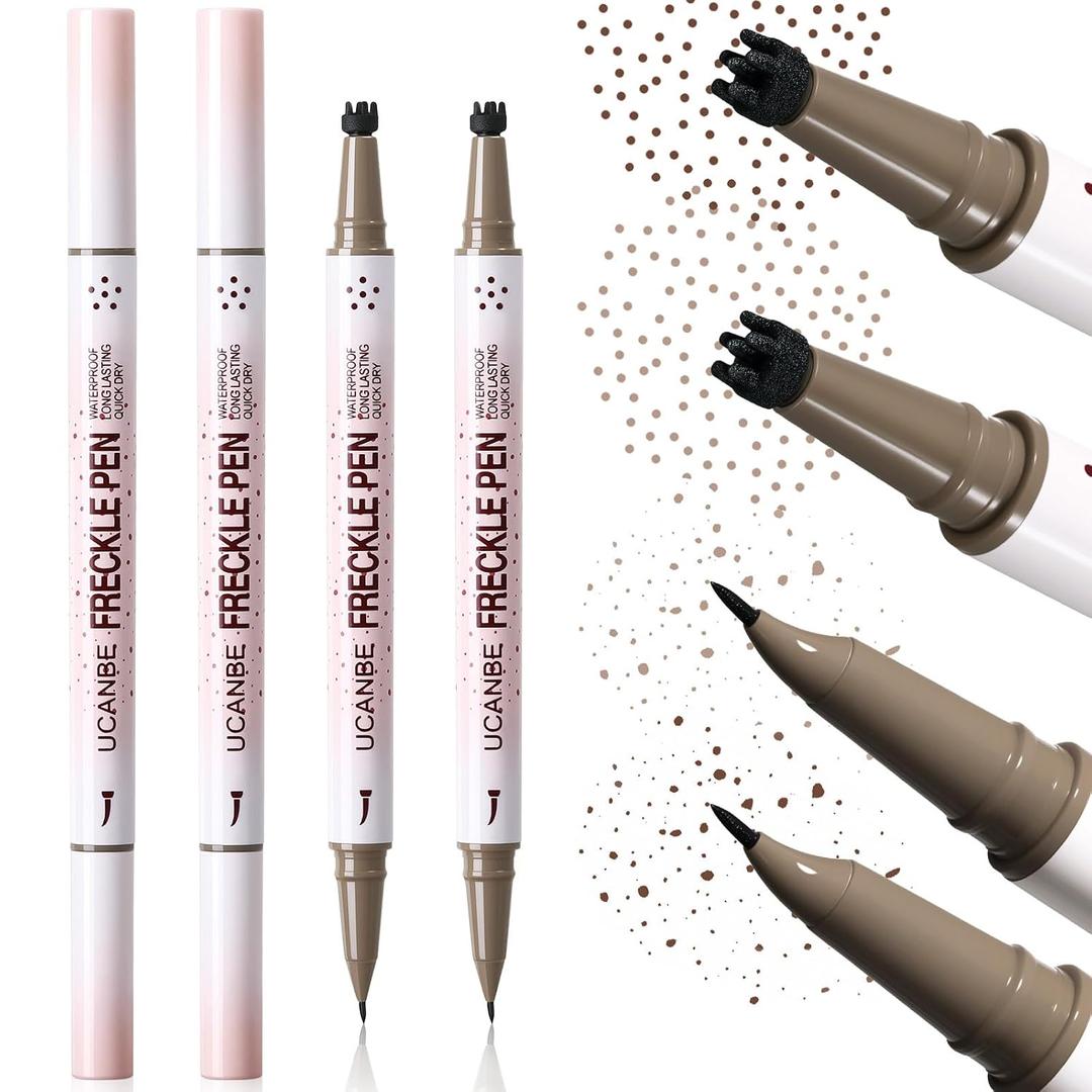 UCANBE 2PCS Dual-Ended Freckle Pen & Freckle Stamp - Precise 15 Curved Tip Makeup Waterproof & Smudge Proof, Long Lasting Faux Freckles Pencils (01 Light Brown+03 Chestnut)