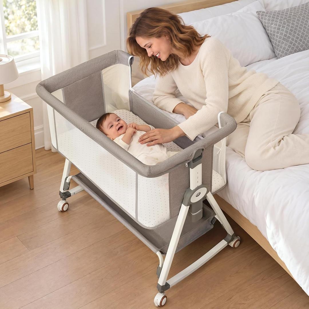 Baby Bassinet Bedside Sleeper with Wheels, Breathable Mesh & Soft Mattress, 4 Adjustable Heights, Easy Fold, Crib