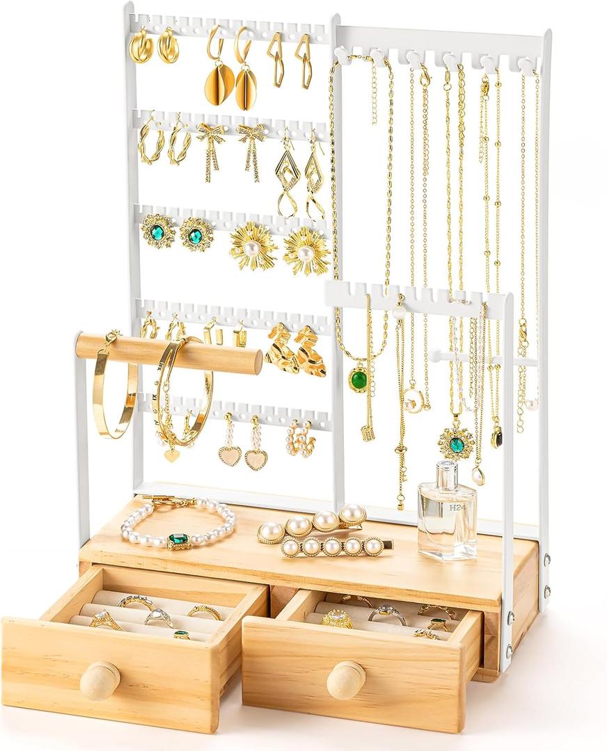DreamGenius Jewelry Organizer Stand with 2 Velvet Ring Holder Drawers, 5 Tier Jewelry Holder Organizer with 11 Hooks for Necklaces and 145 Holes for Earrings, White (Large)