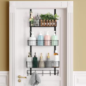 Over the Door Pantry Organizer 3 Tier Hanging Basket Back Door Storage Rack Shelf Metal Over the Door Shelves with 3 Baskets and 5 Hooks for Bathroom Kitchen Pantry Bedroom, Black