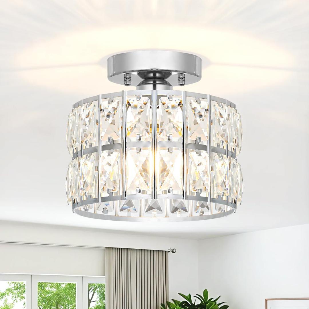 Lxybcce Crystal Ceiling Light Fixture, Modern Chrome Crystal Chandelier, Small Semi Flush Mount Ceiling Lighting, Round Hallway Lighting for Kitchen Entryway Bedroom Bathroom, 1-Light, 8.8 Inch