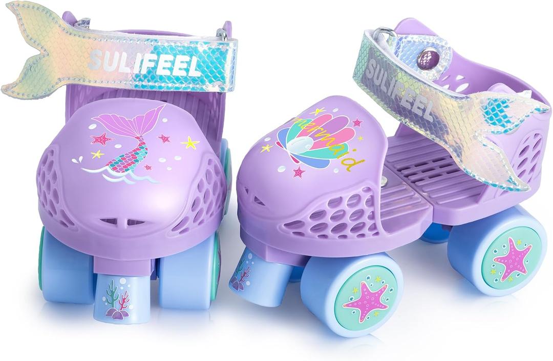 SULIFEEL Kids Adjustable Quad Roller Skates,Toddler Beginner Roller Skates for Girls and Boys Age 2-5 Years Old (Mermaid Purple)
