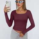 Trendy Queen Womens Square Neck Long Sleeve Double Lined Slim Fit Tops (M)
