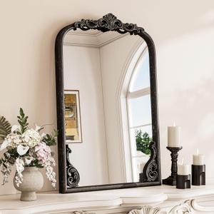 TETOTE Antique Black Arched Mirror for Wall 16 x 24 Vintage Black Frame Baroque French Ornate Mantle Mirror for Fireplace Bathroom Living Room Bedroom Decor, French Cleat Mount (24"L x 16"W, Antique Black)