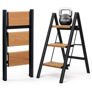 3 Step Ladder, Anti-Slip and Lightweight Foldable Step Ladder for Adults & Kids to Use in Kitchen,Closet and Library,300lbs(Black+Woodgrain)