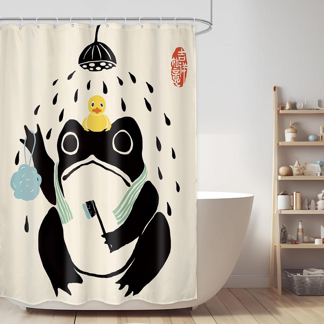 Funny Frog Shower Curtain Bathroom Set 54Wx78H Inches Retro Asian Traditional Cute Animal Japanese Style Black Beige Rubber Duck Bath Accessories Frog Art Home Decor Fabric 12 Pack Hooks
