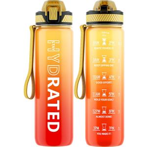 Water Bottle with Straw, 32oz Motivational Water Bottles with Time Marker to Drink, Tritan BPA Free, 1L Sports Water Bottle with Carry Strap LeakProof for Women Gym Fitness Outdoor (1 Pack) (Yellow Red)