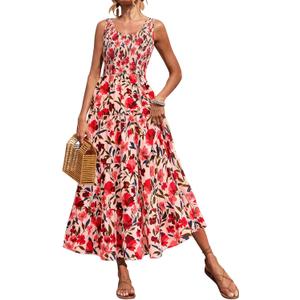 PRETTYGARDEN Smocked Tank Floral Maxi Dresses for Women 2025 Wedding Guest Dress Sleeveless Flowy Long Sundress with Pockets (Medium, Floral Orange Pink Red)