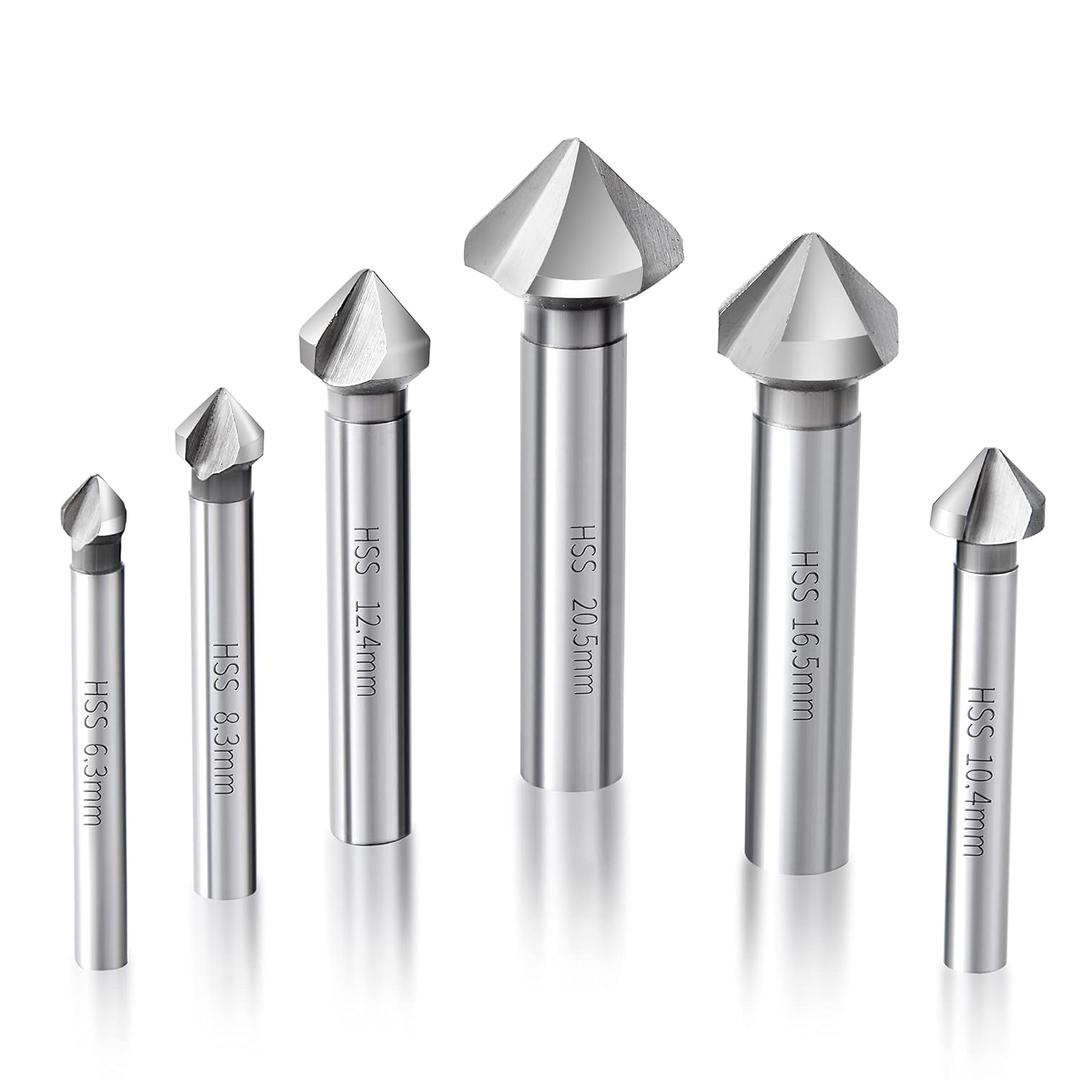 Countersink Drill Bit Set 6 pcs High Speed Steel 3 Flute 85 Degree Steel Counter Sink for Wood and Metal in Sizes 1/2",1/3",1/4",2/3",2/5",4/5" Set