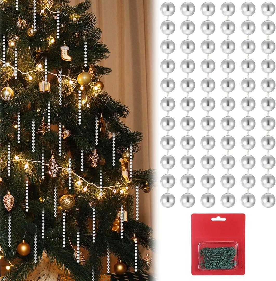 Geelin Sliver 100 Set Bead for Christmas Tree Pearl Ornaments for Christmas Tree Plastic Faux Pearls Garland Decorations with Green Hooks Bead Hanging Ornaments for Xmas Wedding Home Decor