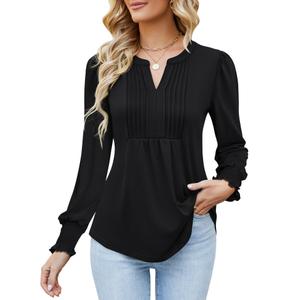 Ivicoer Long Puff Sleeve Tops for Women Trendy Black Work Blouses for Women Business Casual Tunic Tops Office V Neck T Shirts, S
