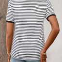 LilyCoco Women's Striped Shirt Short Sleeve Color Block Tops Notched Neck Summer Tee White Large (White, L)