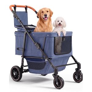 Dog Stroller for Large & Medium Dogs, Pet Stroller for 2 Small Dogs, Extra Large Heavy Duty, Foldable Design, Adjustable Handle, with Pocket, Up to 66lbs(Navy Blue)