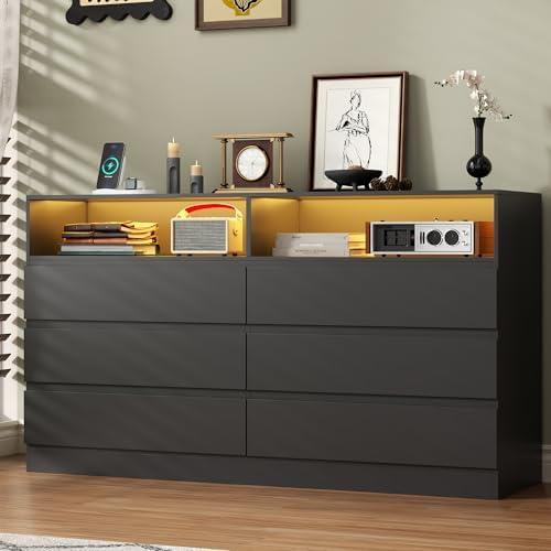 STIKELY 6 Drawer Dresser for Bedroom with Power Outlet, Black Dressers with LED Light, Dresser Chest of Drawers for Closet,Wooden Dressers Organizer Cabinet for Living Room,Entryway, Hallway
