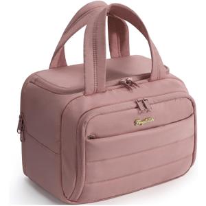 Travel Toiletry Bag for Women, Lightweight Large Quilted Puffy Makeup Bag Wide-open Make up Organizer Cloud Cosmetic Bag w/Handle for Traveling, Toiletries Essentials Accessories Dark Pink