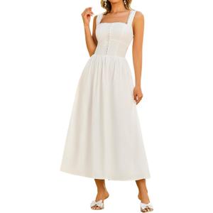 KUTUMAI Lace Square Neck Corset Midi Dress Summer Smocked Flowy A Line Casual Beach Sundress for Women 2025 Vacation (White, XS)