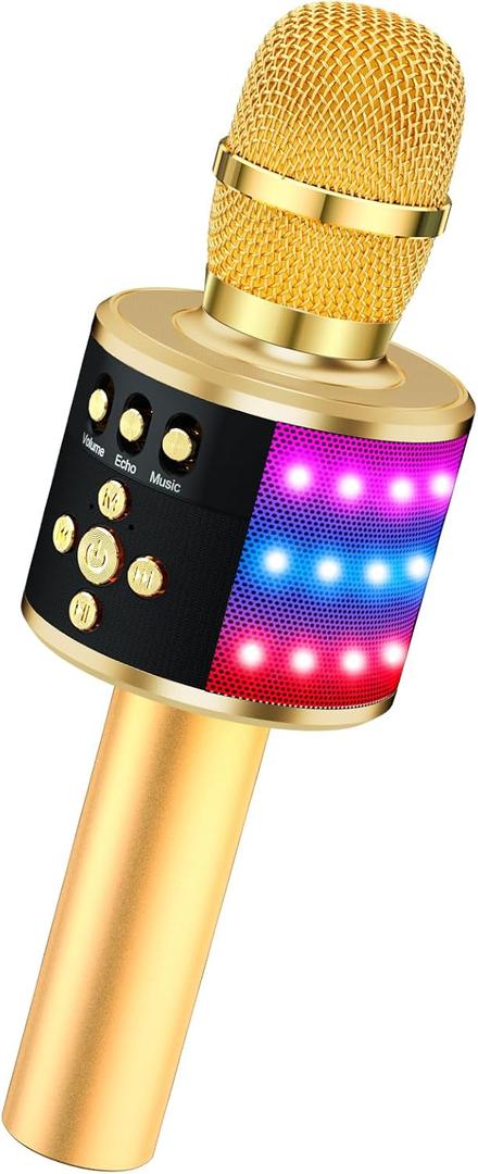 BONAOK Karaoke Microphone for Kids & Adults  Bluetooth Microphones Singing Mic with Disco Lights, Echo Effect, Builtin Speaker Portable Karaoke Player for Party Travel Gifts Q78(Gold)