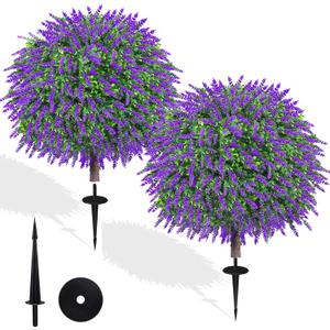 27.5" Artificial Lavender Boxwood Topiary Ball Trees, Set of 2 Fake Shrubs Bushes with Ground Spike, UV Resistant Faux Evergreen Tree for Front Porch Outdoor Garden Decor