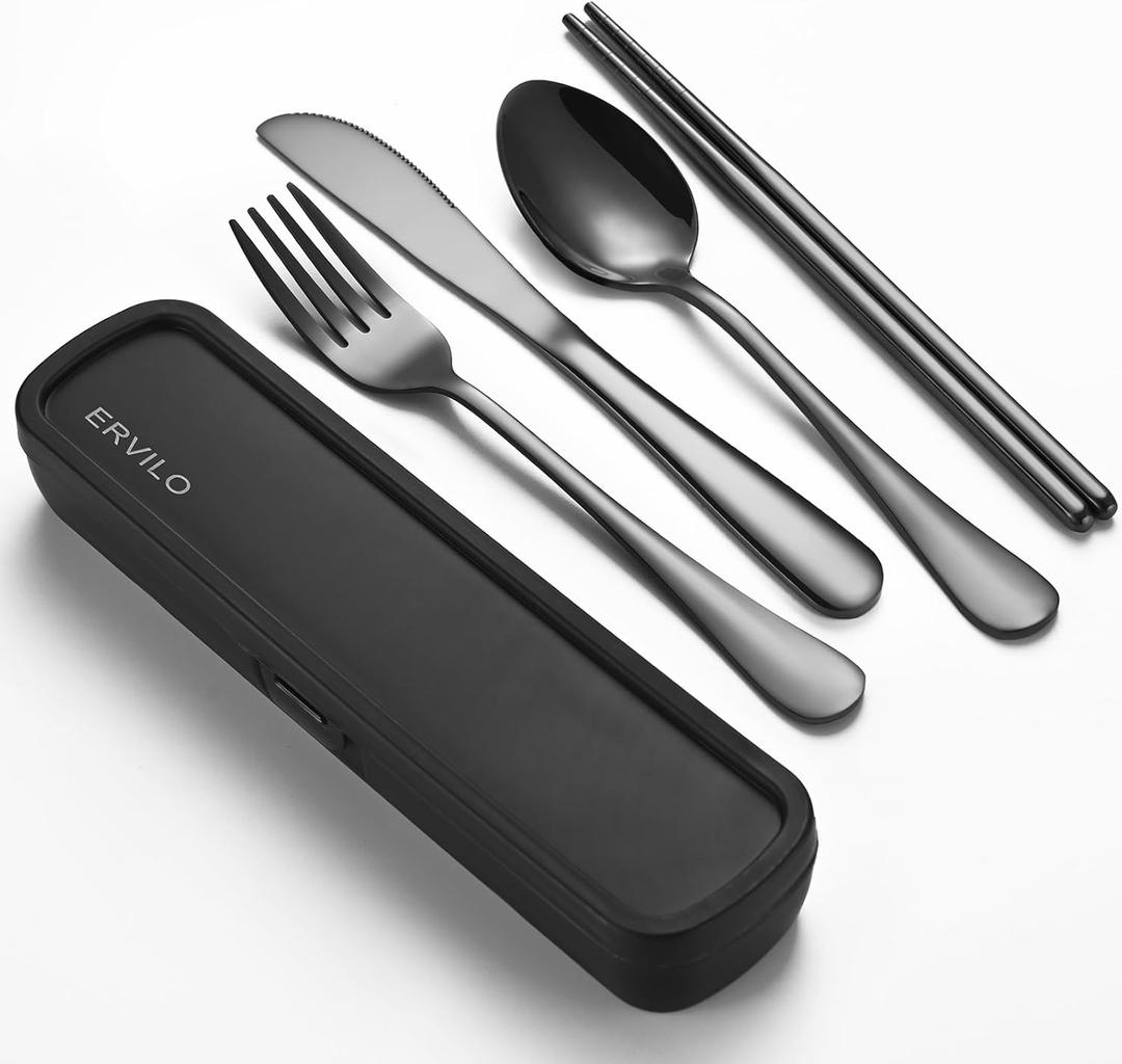 Travel Utensils with Case, Stainless Steel Camping Cutlery Set, Reinforced Case with Snap-Lock Closure, Include Fork Spoon Knife Chopsticks, Portable Lunch Box Silverware for Picnic Office, Black