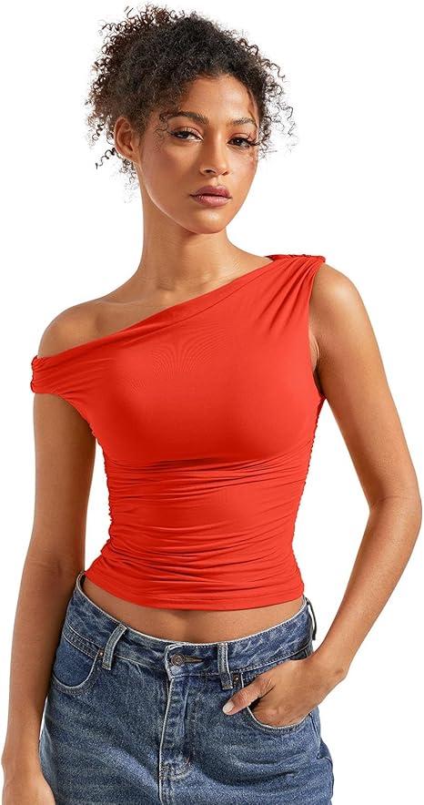 SUUKSESS Women Off Shoulder Tops Sleeveless Shirts Y2K Going Out Crop Tank Top (Small, Red)
