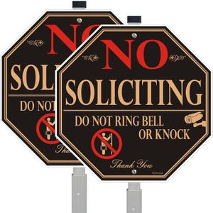 2 Pack No Soliciting Yard Sign for House with 28" Aluminum Alloy Stake -10" x 10" - "Do Not Ring Bell or Knock" Warning Metal Sign for Home Front Door, UV Protected Rust & Fade Resistant